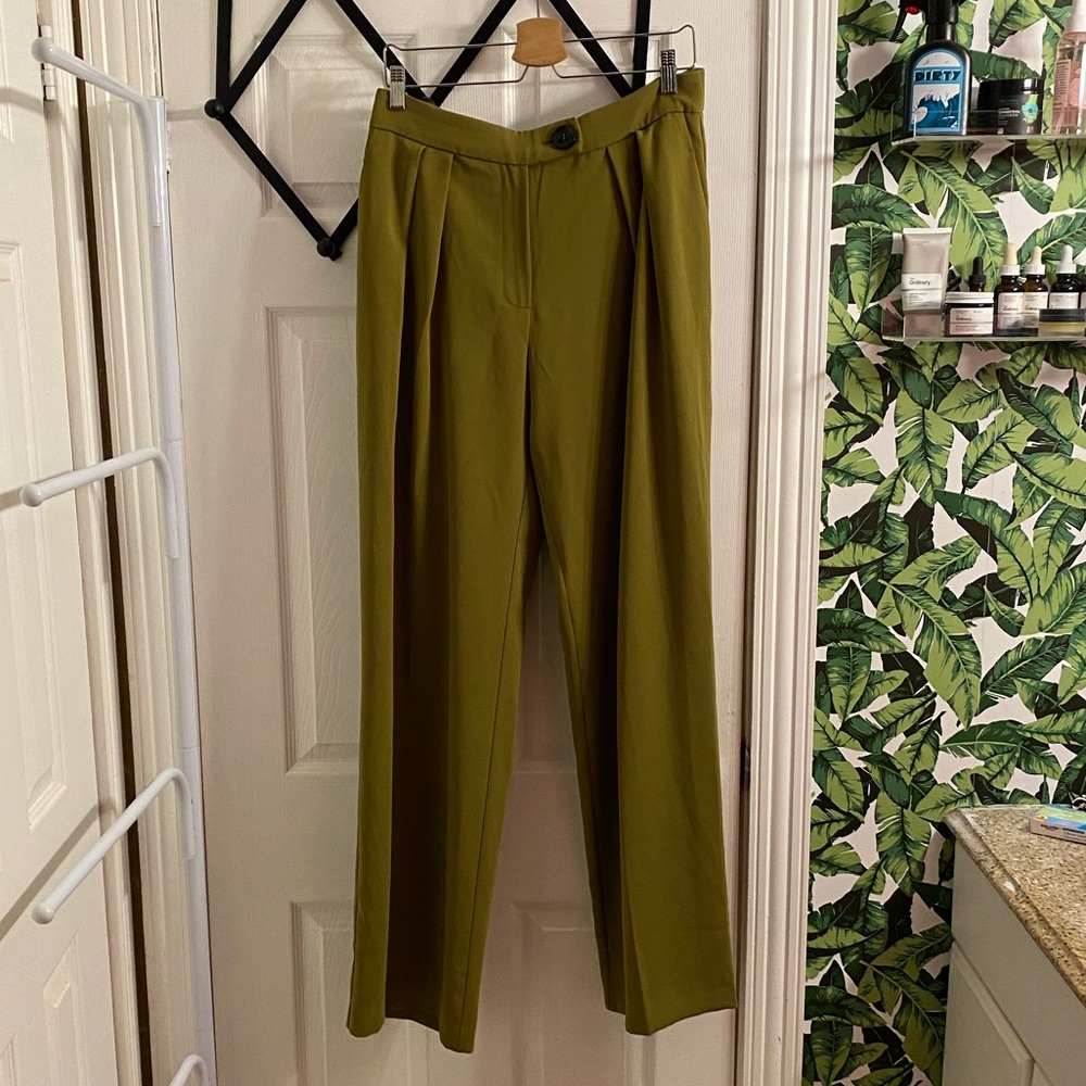 Mango wide leg high waist palazzo pants trousers olive size 10